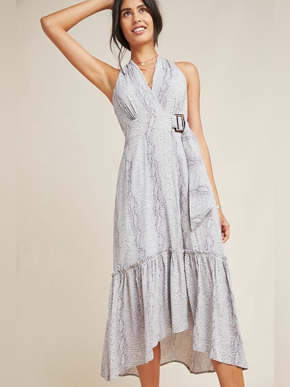 Anthropologie Marfa Dress Halter Gray V neckline Tiered Midi Size 0